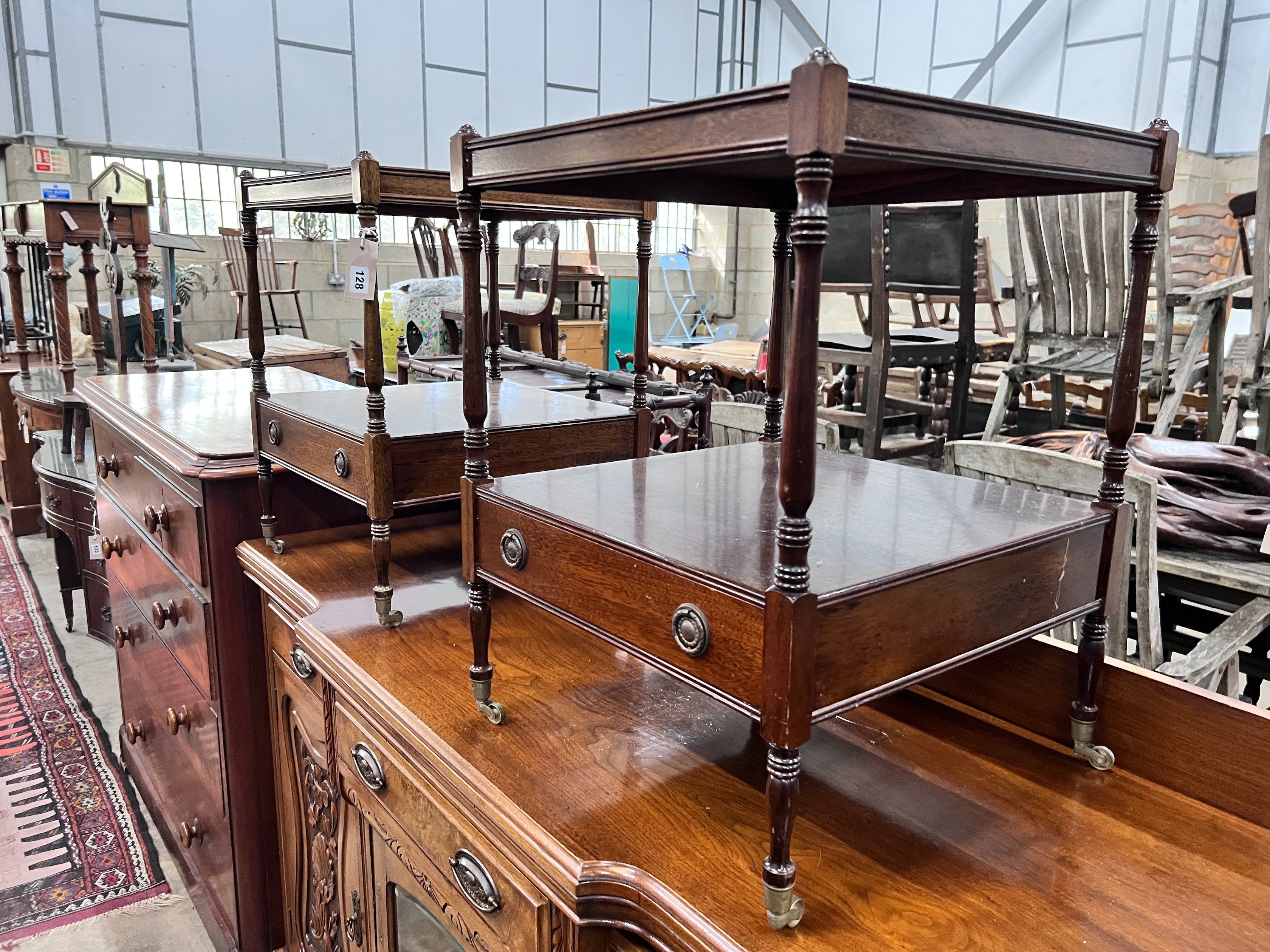 A pair of reproduction mahogany two tier tables, width 46cm, depth 46cm, height 60cm *Please note the sale commences at 9am.
